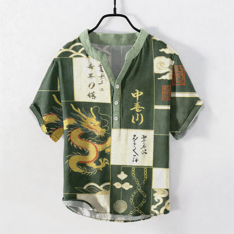 Buddha Stones Camisa de manga corta con medio botón para hombre, de algodón, con emblema de nube y dragón dorado. - Verdemar - US/UK/AU50, EU60 (5XL) - image 0