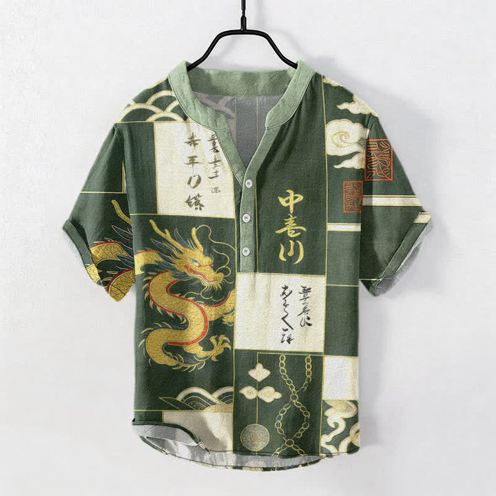 Buddha Stones Camisa de manga corta con medio botón para hombre, de algodón, con emblema de nube y dragón dorado. - Verdemar - US/UK/AU50, EU60 (5XL) - image 0