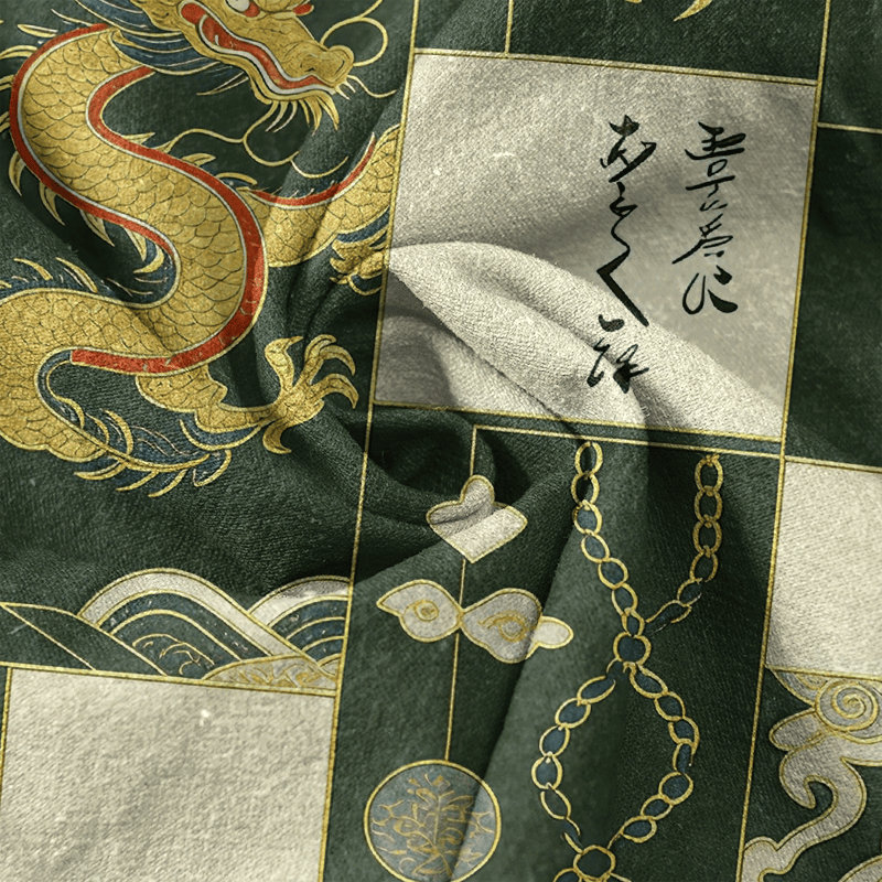 Buddha Stones Camisa de manga corta con medio botón para hombre, de algodón, con emblema de nube y dragón dorado. - image 4