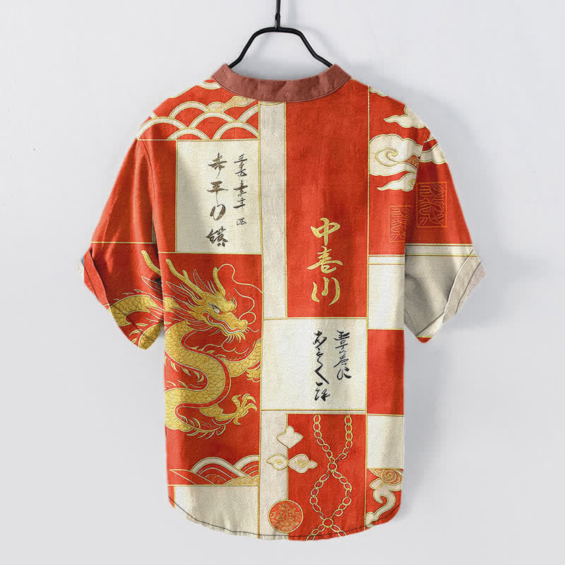 Buddha Stones Camisa de manga corta con medio botón para hombre, de algodón, con emblema de nube y dragón dorado. - image 8
