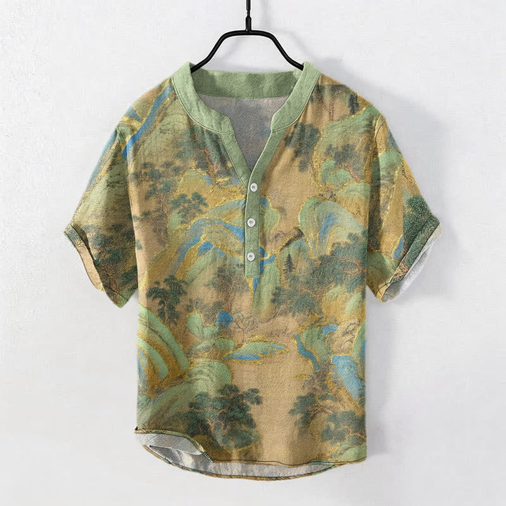 Buddha Stones Camisa de manga corta con medio botón para hombre con el emblema de Cotton Mountain - Verde mar oscuro - US/UK/AU50, EU60 (5XL) - image 0