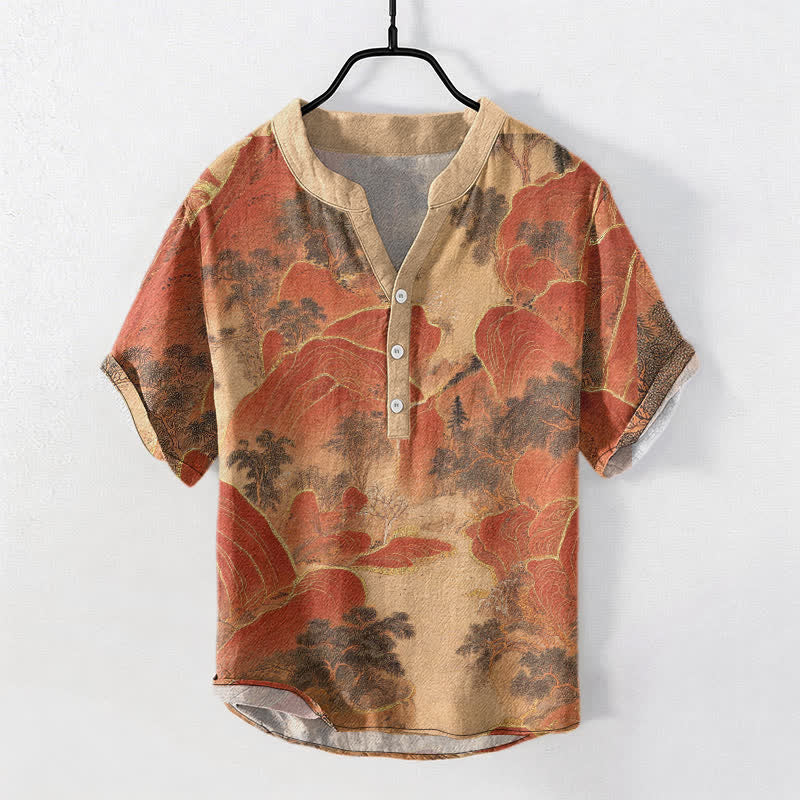 Buddha Stones Camisa de manga corta con medio botón para hombre con el emblema de Cotton Mountain - Rojo anaranjado - US/UK/AU50, EU60 (5XL) - image 7