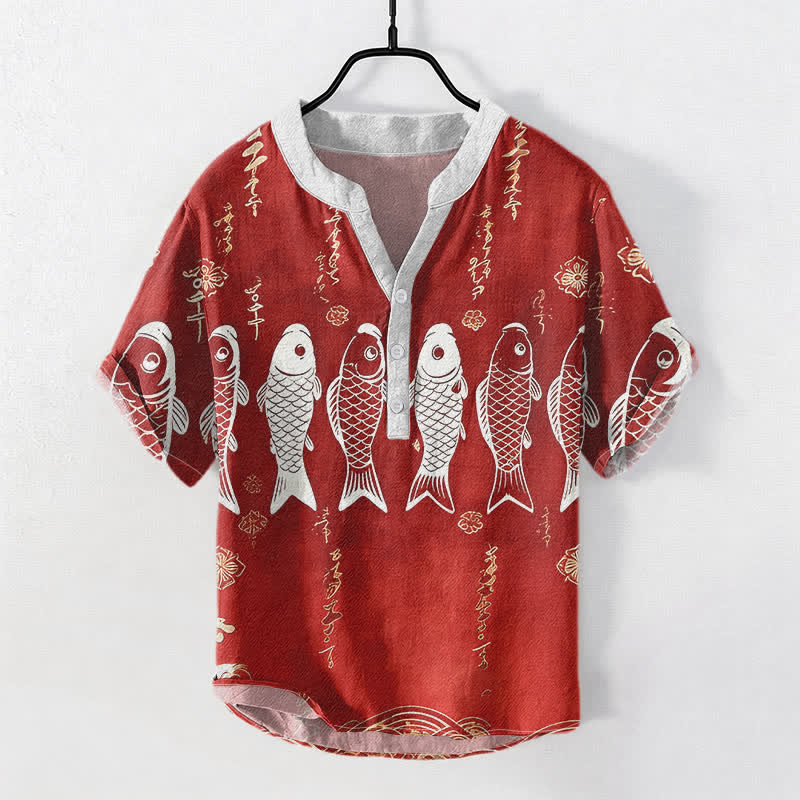 Buddha Stones Camisa de manga corta con medio botón para hombre, de algodón, con emblema de pez koi. - Ladrillo refractario - US/UK/AU50, EU60 (5XL) - image 3