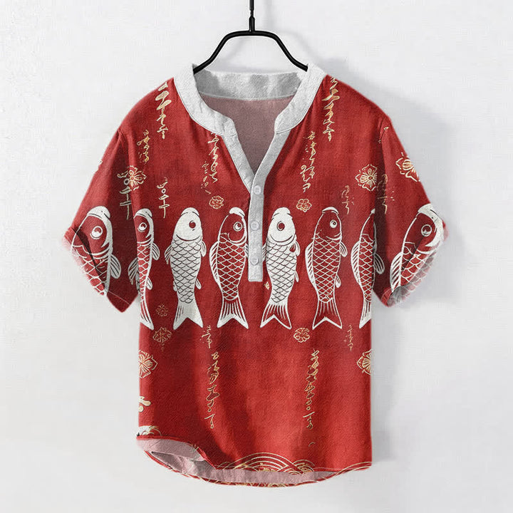 Buddha Stones Camisa de manga corta con medio botón para hombre, de algodón, con emblema de pez koi. - Ladrillo refractario - US/UK/AU50, EU60 (5XL) - image 3