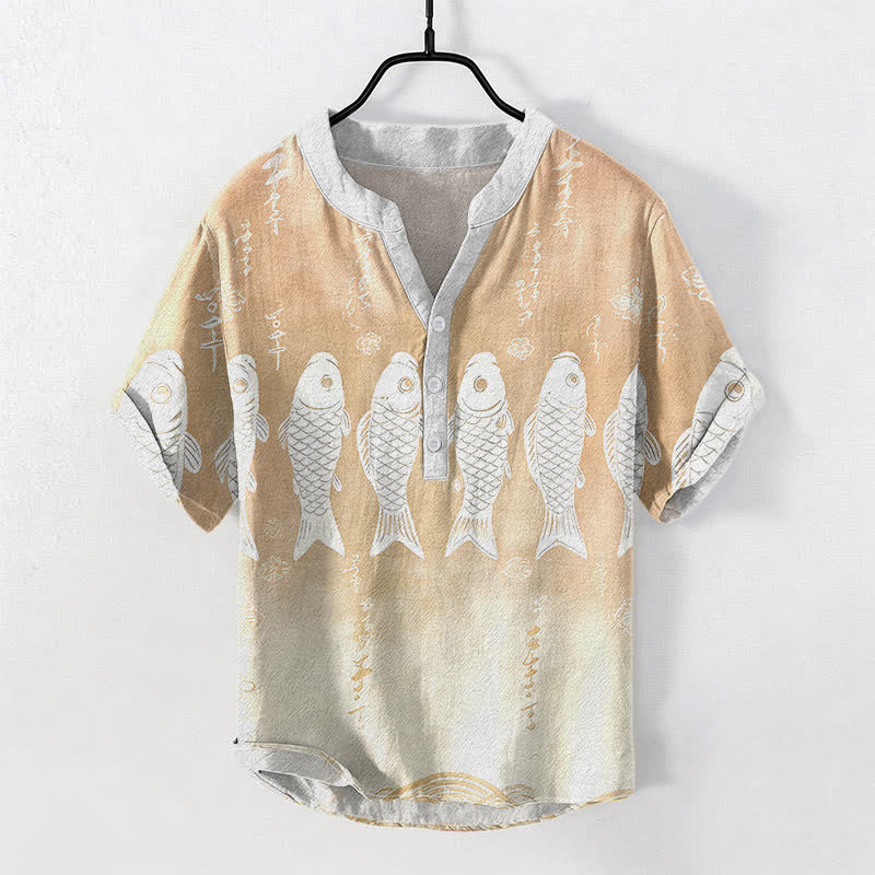 Buddha Stones Camisa de manga corta con medio botón para hombre, de algodón, con emblema de pez koi. - Almendra blanqueada - US/UK/AU50, EU60 (5XL) - image 5