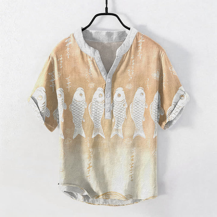 Buddha Stones Camisa de manga corta con medio botón para hombre, de algodón, con emblema de pez koi. - Almendra blanqueada - US/UK/AU50, EU60 (5XL) - image 5