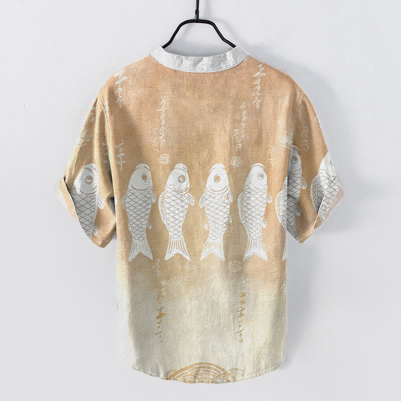 Buddha Stones Camisa de manga corta con medio botón para hombre, de algodón, con emblema de pez koi. - image 6