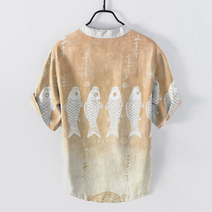 Buddha Stones Camisa de manga corta con medio botón para hombre, de algodón, con emblema de pez koi. - image 6