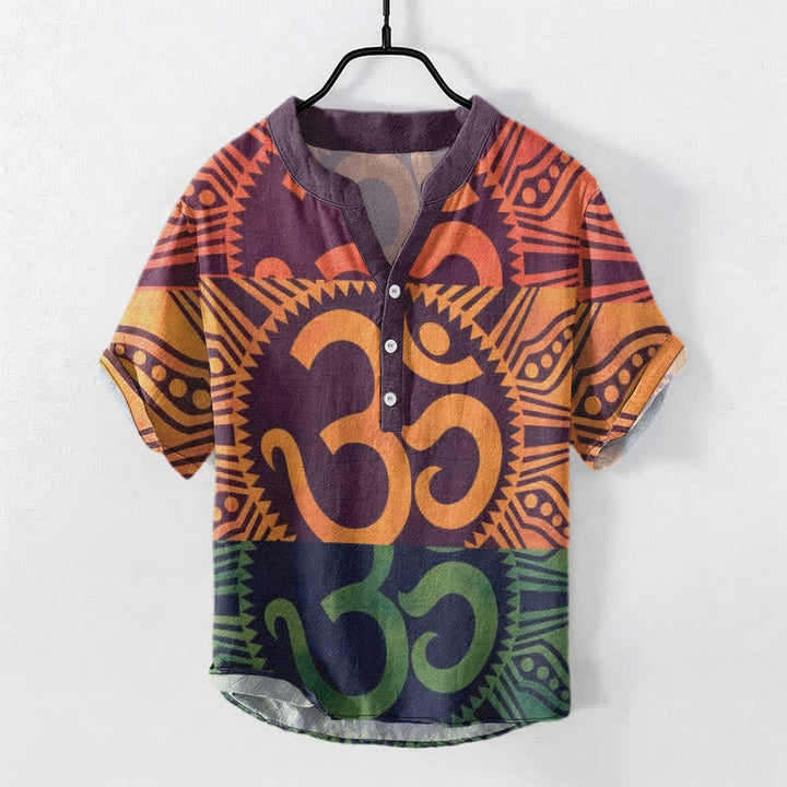 Buddha Stones Camisa de manga corta con medio botón y emblema Om de algodón para hombre - Violeta oscuro - US/UK/AU50, EU60 (5XL) - image 0