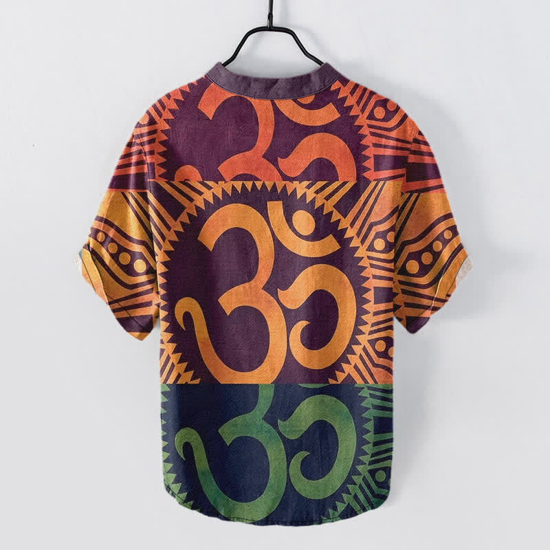 Buddha Stones Camisa de manga corta con medio botón y emblema Om de algodón para hombre - image 1