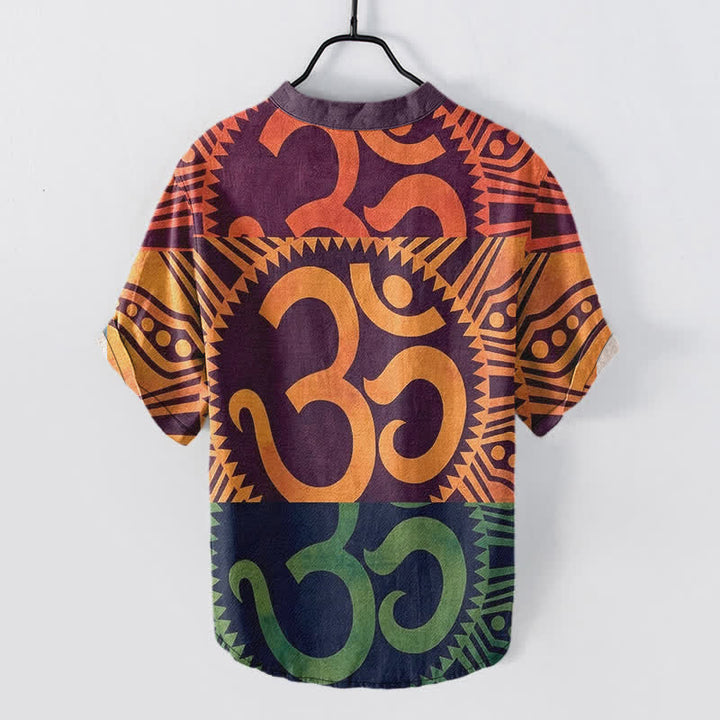Buddha Stones Camisa de manga corta con medio botón y emblema Om de algodón para hombre - image 1