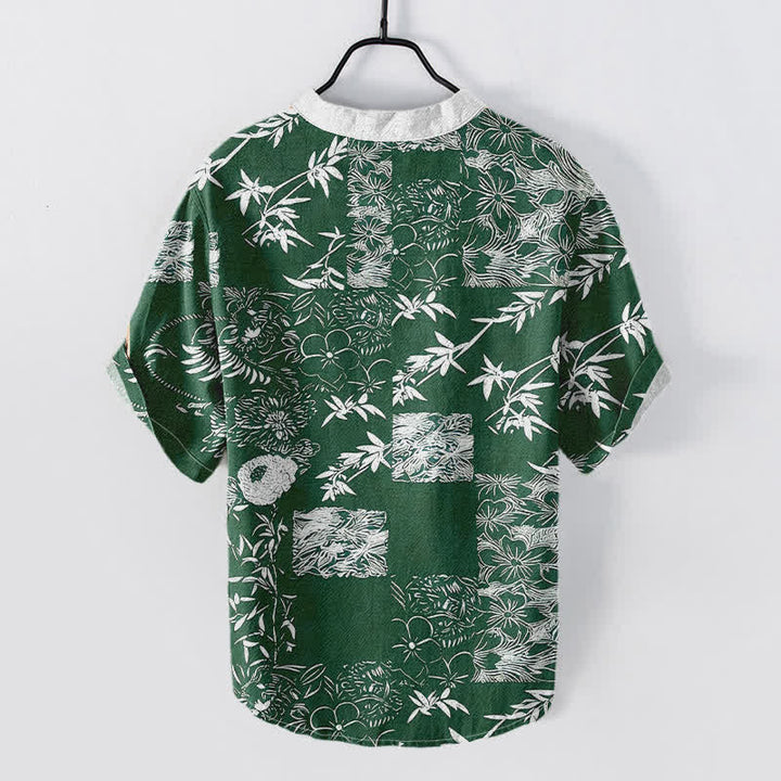 Buddha Stones Camisa de manga corta con medio botón para hombre, de algodón, bambú y con emblema de ciruela. - image 1