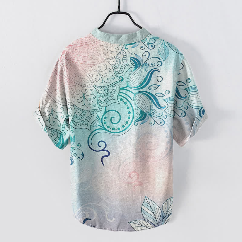 Buddha Stones Camisa de manga corta con medio botón y estampado floral de mandala de algodón para hombre - image 1