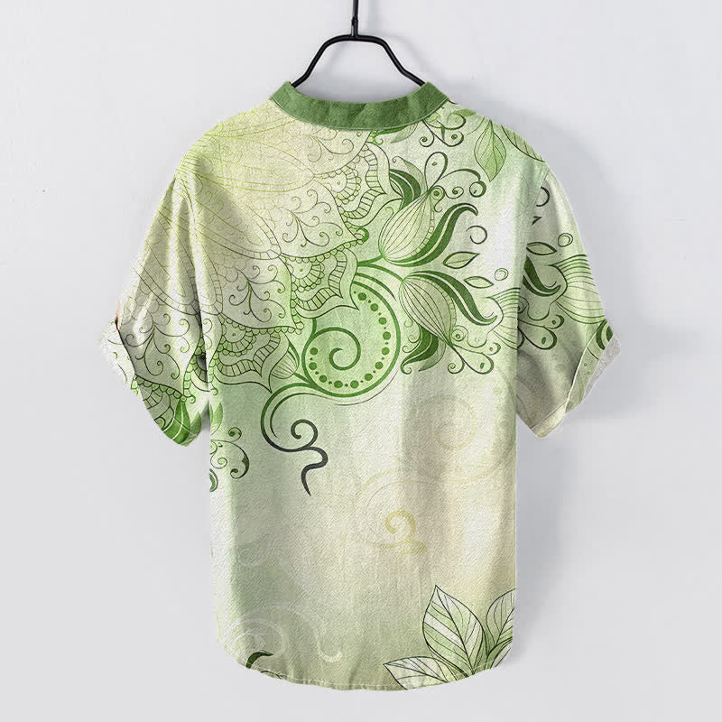 Buddha Stones Camisa de manga corta con medio botón y estampado floral de mandala de algodón para hombre - image 4