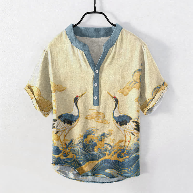 Buddha Stones Camisa de manga corta con medio botón para hombre, con emblema de grulla y ola de algodón. - Amarillo dorado claro - US/UK/AU50, EU60 (5XL) - image 0