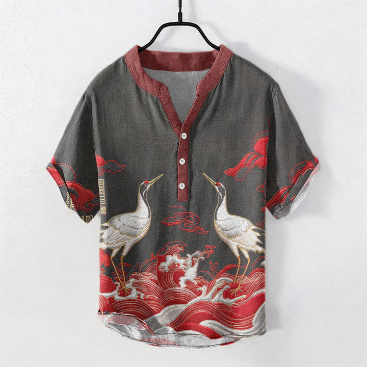 Buddha Stones Camisa de manga corta con medio botón para hombre, con emblema de grulla y ola de algodón. - Negro - US/UK/AU50, EU60 (5XL) - image 4