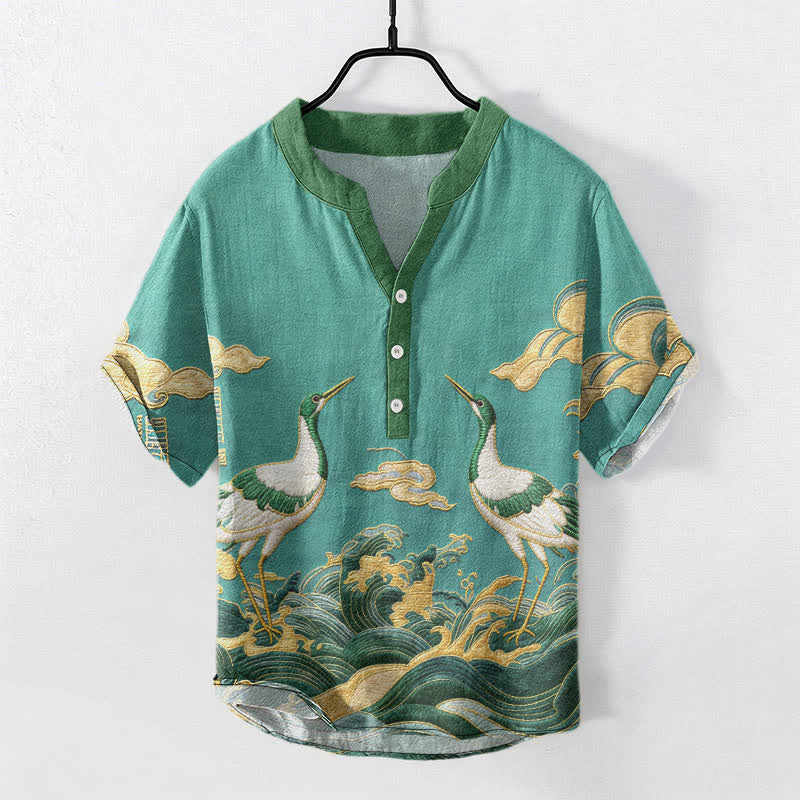 Buddha Stones Camisa de manga corta con medio botón para hombre, con emblema de grulla y ola de algodón. - Turquesa medio - US/UK/AU50, EU60 (5XL) - image 6