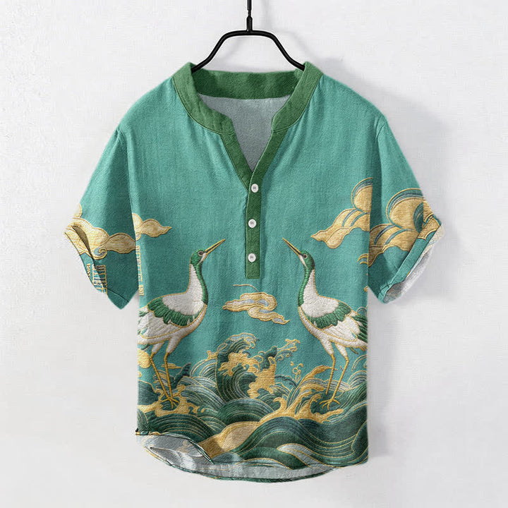 Buddha Stones Camisa de manga corta con medio botón para hombre, con emblema de grulla y ola de algodón. - Turquesa medio - US/UK/AU50, EU60 (5XL) - image 6
