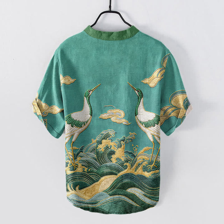 Buddha Stones Camisa de manga corta con medio botón para hombre, con emblema de grulla y ola de algodón. - image 7