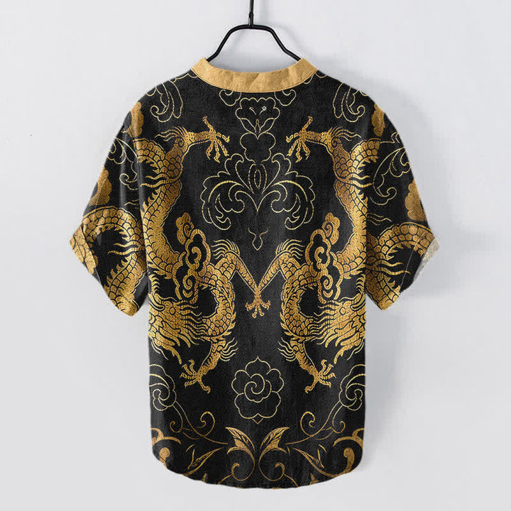 Buddha Stones Camisa de manga corta con medio botón para hombre, con emblema de nube de dragón de algodón - image 1