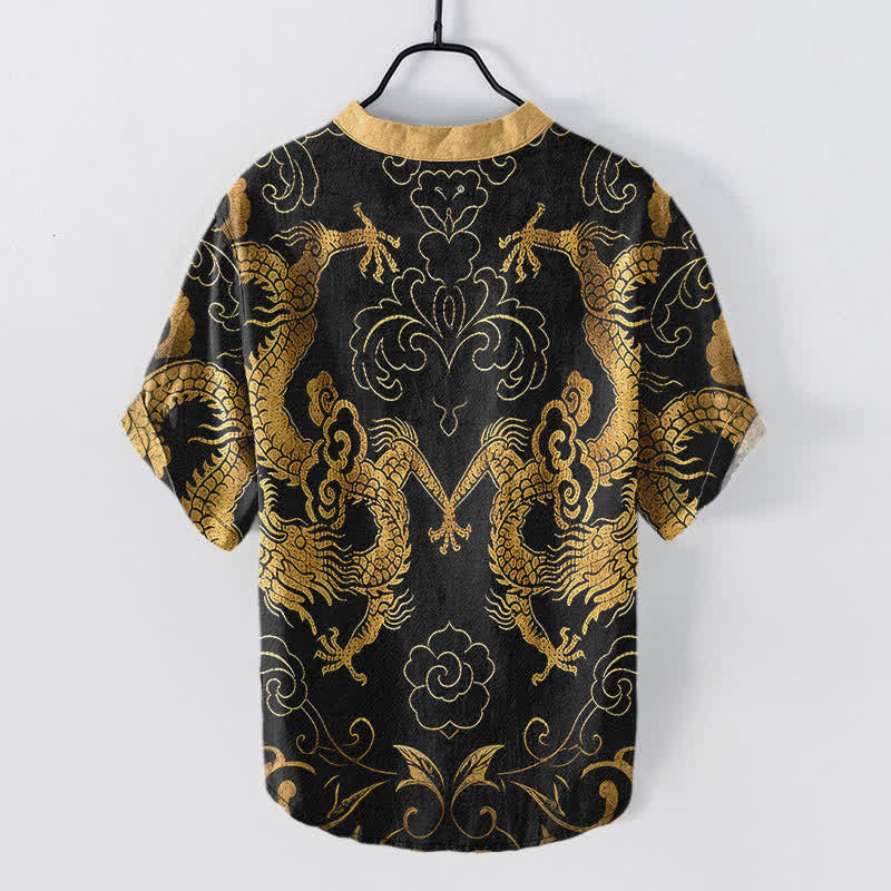 Buddha Stones Camisa de manga corta con medio botón para hombre, con emblema de nube de dragón de algodón - image 1