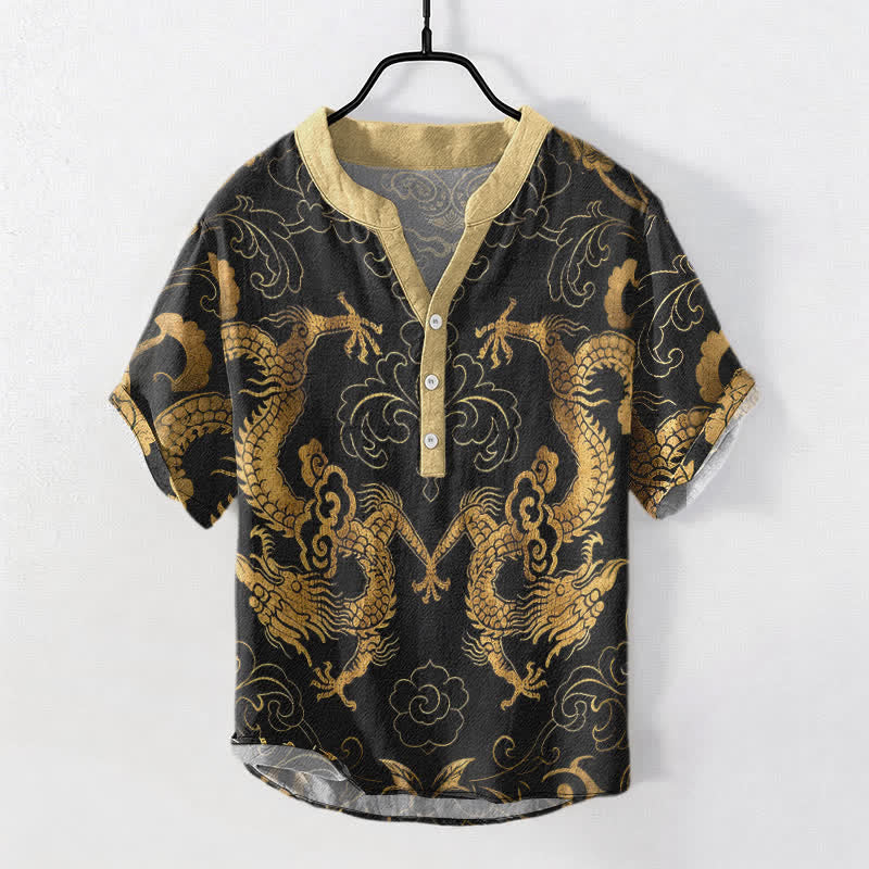 Buddha Stones Camisa de manga corta con medio botón para hombre, con emblema de nube de dragón de algodón - Oro - US/UK/AU50, EU60 (5XL) - image 0