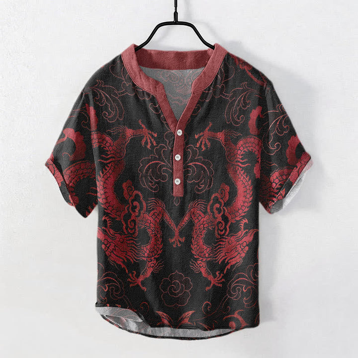 Buddha Stones Camisa de manga corta con medio botón para hombre, con emblema de nube de dragón de algodón - Ladrillo refractario - US/UK/AU50, EU60 (5XL) - image 5
