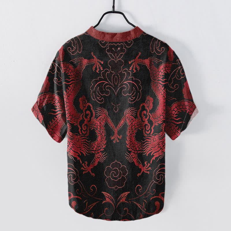 Buddha Stones Camisa de manga corta con medio botón para hombre, con emblema de nube de dragón de algodón - image 6