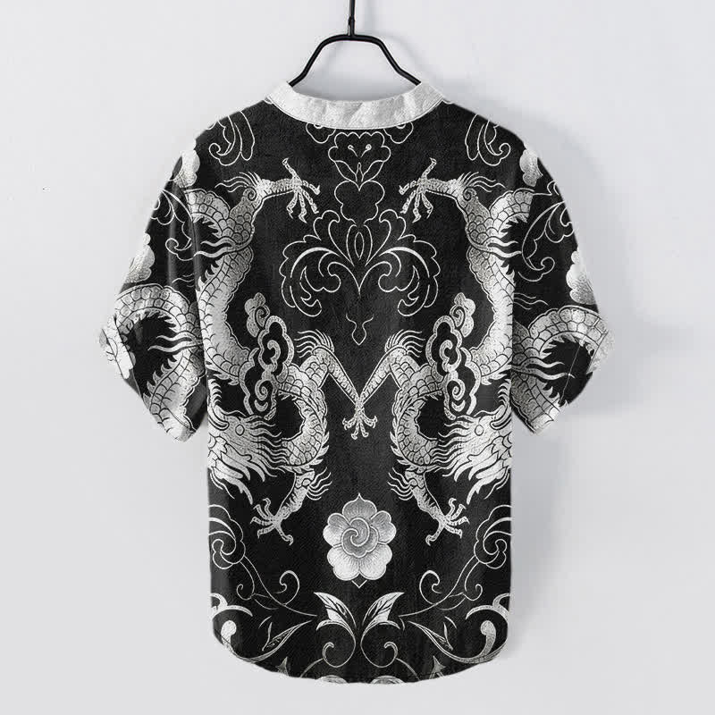 Buddha Stones Camisa de manga corta con medio botón para hombre, con emblema de nube de dragón de algodón - image 8