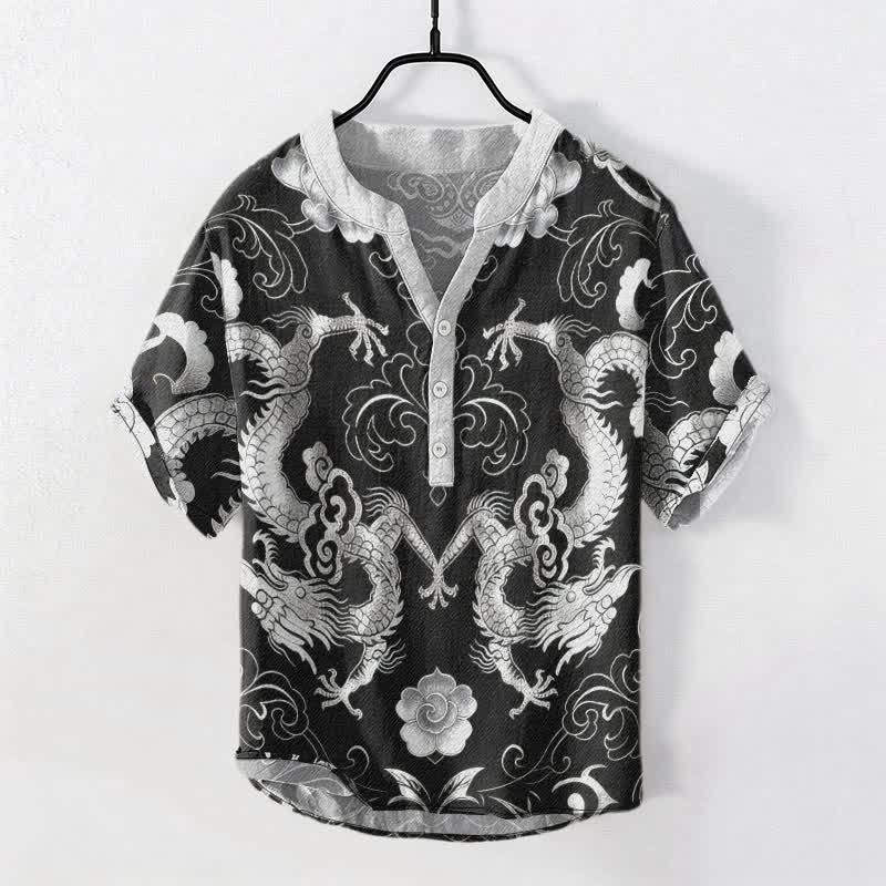 Buddha Stones Camisa de manga corta con medio botón para hombre, con emblema de nube de dragón de algodón - Gris oscuro - US/UK/AU50, EU60 (5XL) - image 7