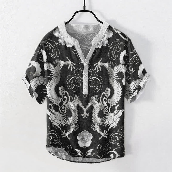 Buddha Stones Camisa de manga corta con medio botón para hombre, con emblema de nube de dragón de algodón - Gris oscuro - US/UK/AU50, EU60 (5XL) - image 7