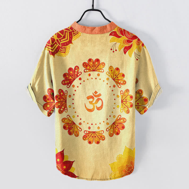 Buddha Stones Camisa de manga corta con medio botón para hombre, de algodón, con estampado de mandala de loto y pavo real (Om). - image 8