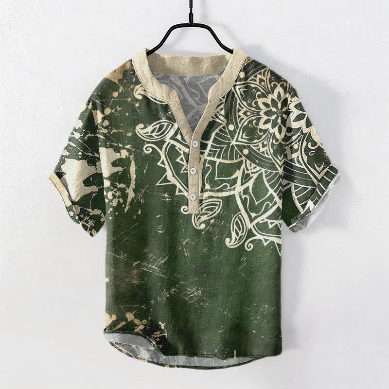 Buddha Stones Camisa de manga corta con medio botón para hombre, con emblema de mandala de loto de algodón - Verde oscuro - US/UK/AU50, EU60 (5XL) - image 0