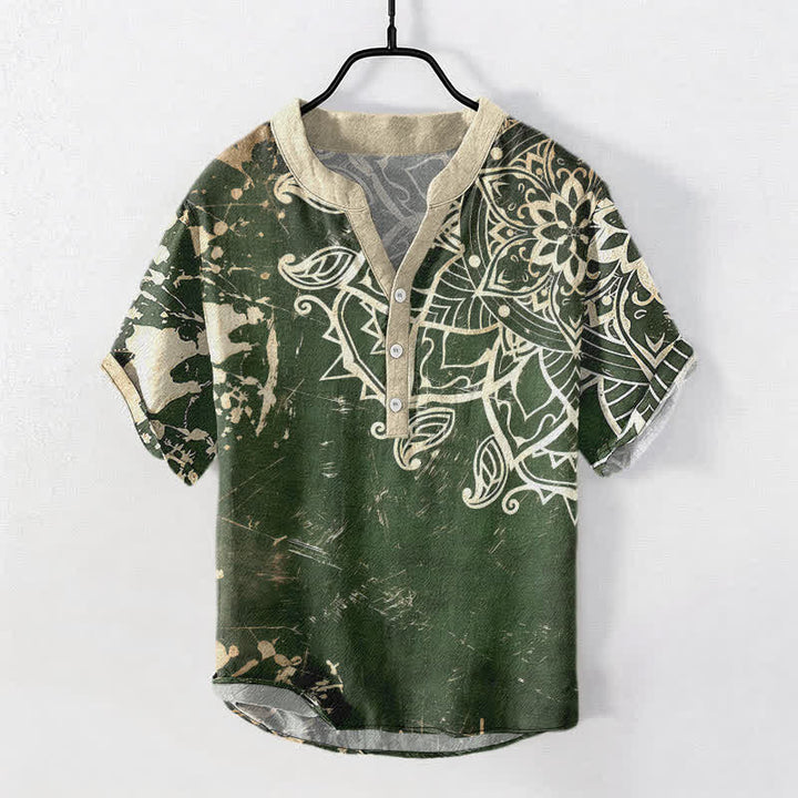 Buddha Stones Camisa de manga corta con medio botón para hombre, con emblema de mandala de loto de algodón - Verde oscuro - US/UK/AU50, EU60 (5XL) - image 0