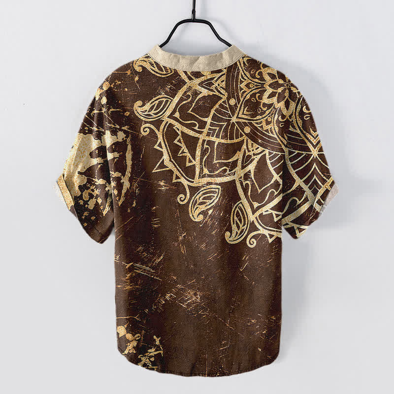 Buddha Stones Camisa de manga corta con medio botón para hombre, con emblema de mandala de loto de algodón - image 6
