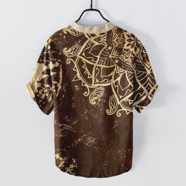 Buddha Stones Camisa de manga corta con medio botón para hombre, con emblema de mandala de loto de algodón - image 6