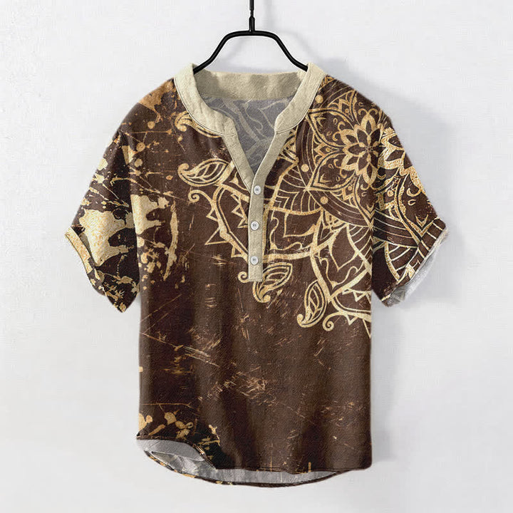 Buddha Stones Camisa de manga corta con medio botón para hombre, con emblema de mandala de loto de algodón - Marrón silla de montar - US/UK/AU50, EU60 (5XL) - image 5