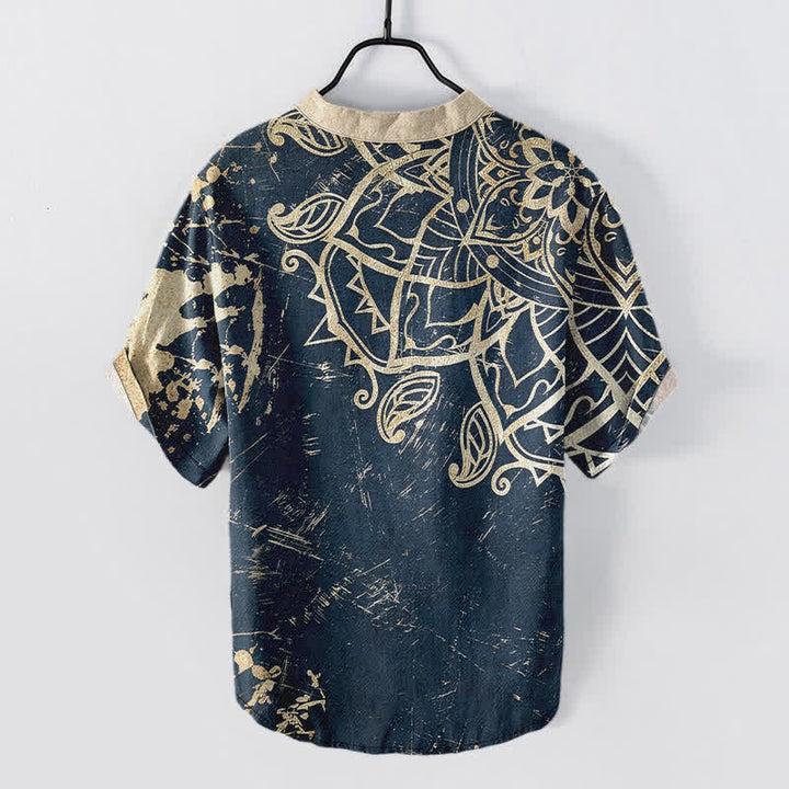 Buddha Stones Camisa de manga corta con medio botón para hombre, con emblema de mandala de loto de algodón - image 8