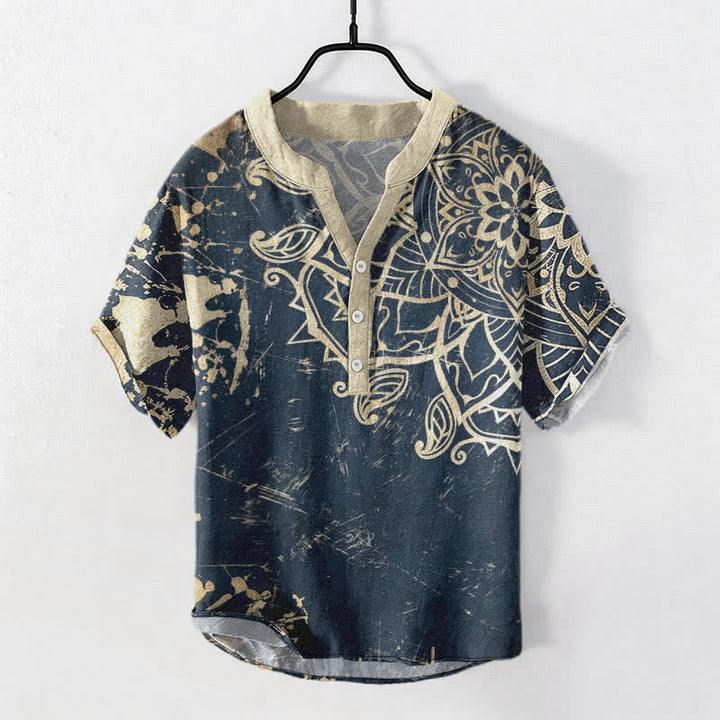 Buddha Stones Camisa de manga corta con medio botón para hombre, con emblema de mandala de loto de algodón - Azul acero - US/UK/AU50, EU60 (5XL) - image 7