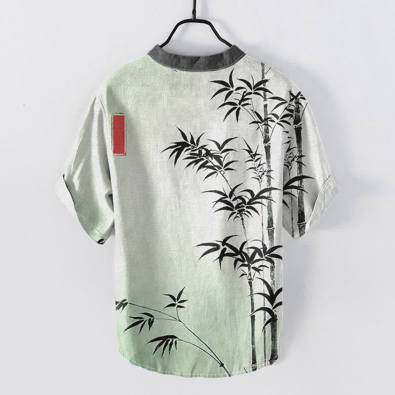 Buddha Stones Camisa de manga corta con medio botón para hombre, con emblema de bambú y algodón. - image 1