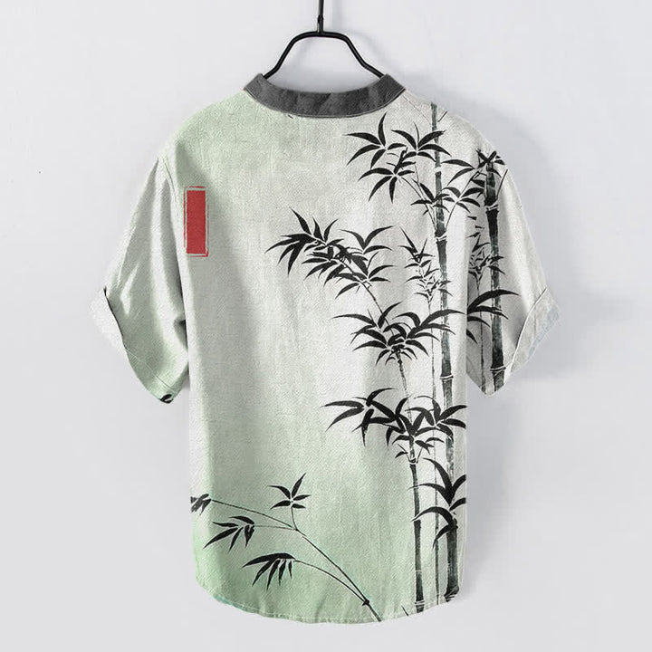 Buddha Stones Camisa de manga corta con medio botón para hombre, con emblema de bambú y algodón. - image 1