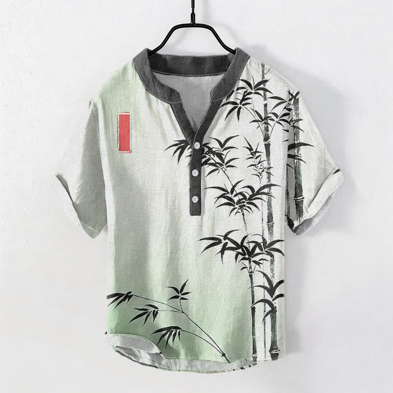 Buddha Stones Camisa de manga corta con medio botón para hombre, con emblema de bambú y algodón. - Gotas de miel - US/UK/AU50, EU60 (5XL) - image 0