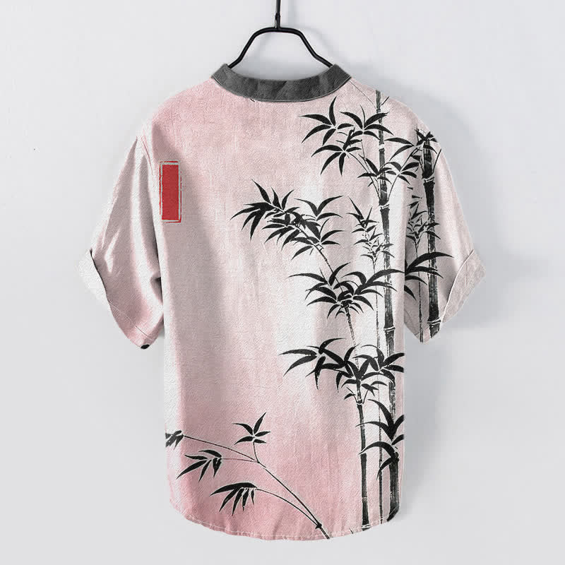 Buddha Stones Camisa de manga corta con medio botón para hombre, con emblema de bambú y algodón. - image 6