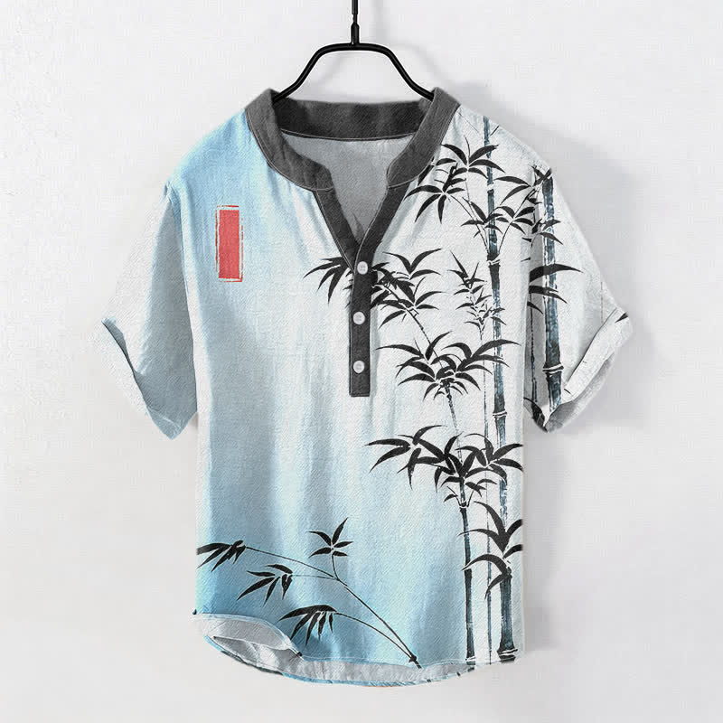 Buddha Stones Camisa de manga corta con medio botón para hombre, con emblema de bambú y algodón. - Azul claro - US/UK/AU50, EU60 (5XL) - image 3