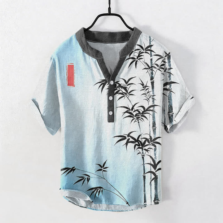 Buddha Stones Camisa de manga corta con medio botón para hombre, con emblema de bambú y algodón. - Azul claro - US/UK/AU50, EU60 (5XL) - image 3