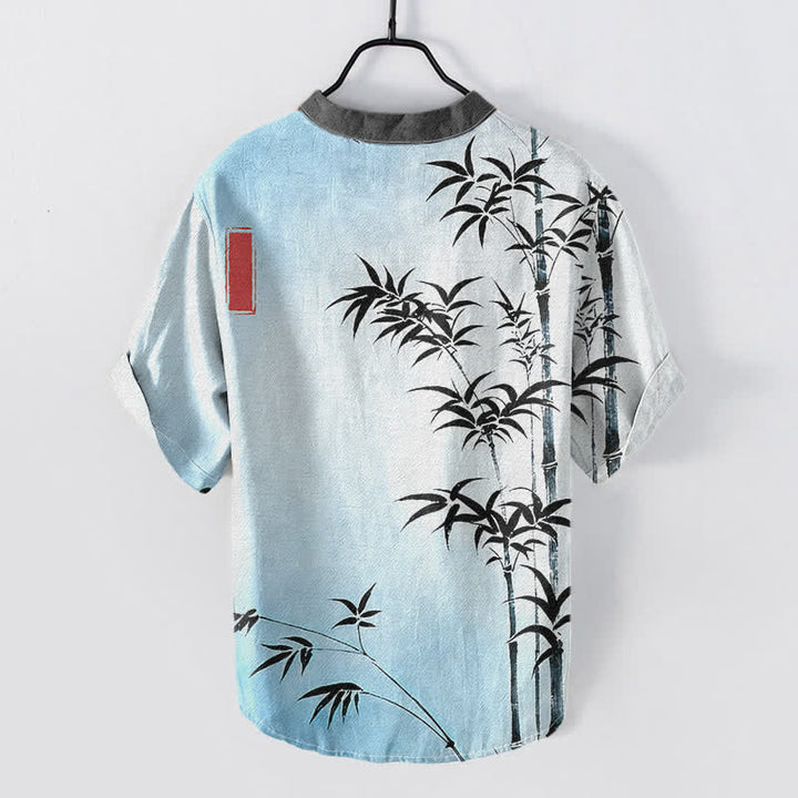 Buddha Stones Camisa de manga corta con medio botón para hombre, con emblema de bambú y algodón. - image 4
