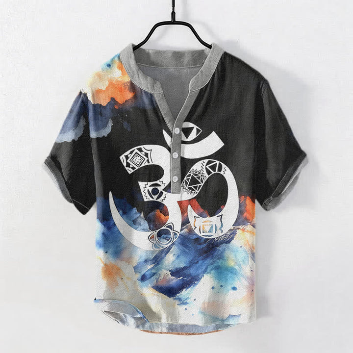 Buddha Stones Camisa de manga corta con medio botón para hombre, de algodón, con emblema del chakra Om. - Negro - US/UK/AU50, EU60 (5XL) - image 0