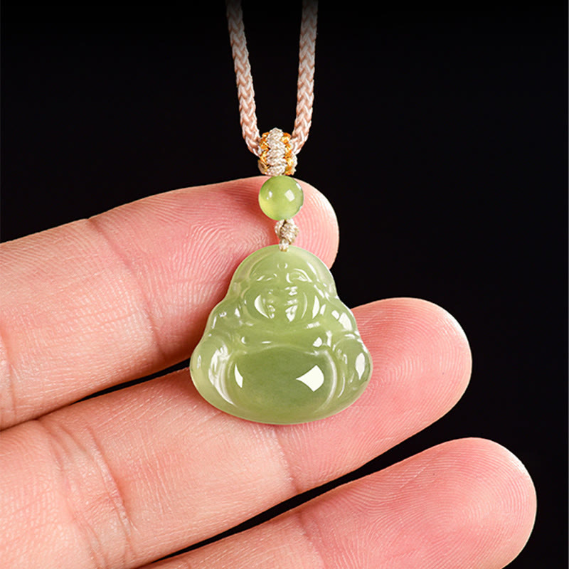 Buddha Stones Colgante de cuerda de la prosperidad con Buda sonriente de jade verde - image 8