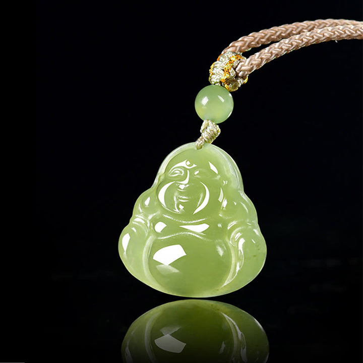 Buddha Stones Colgante de cuerda de la prosperidad con Buda sonriente de jade verde - image 1
