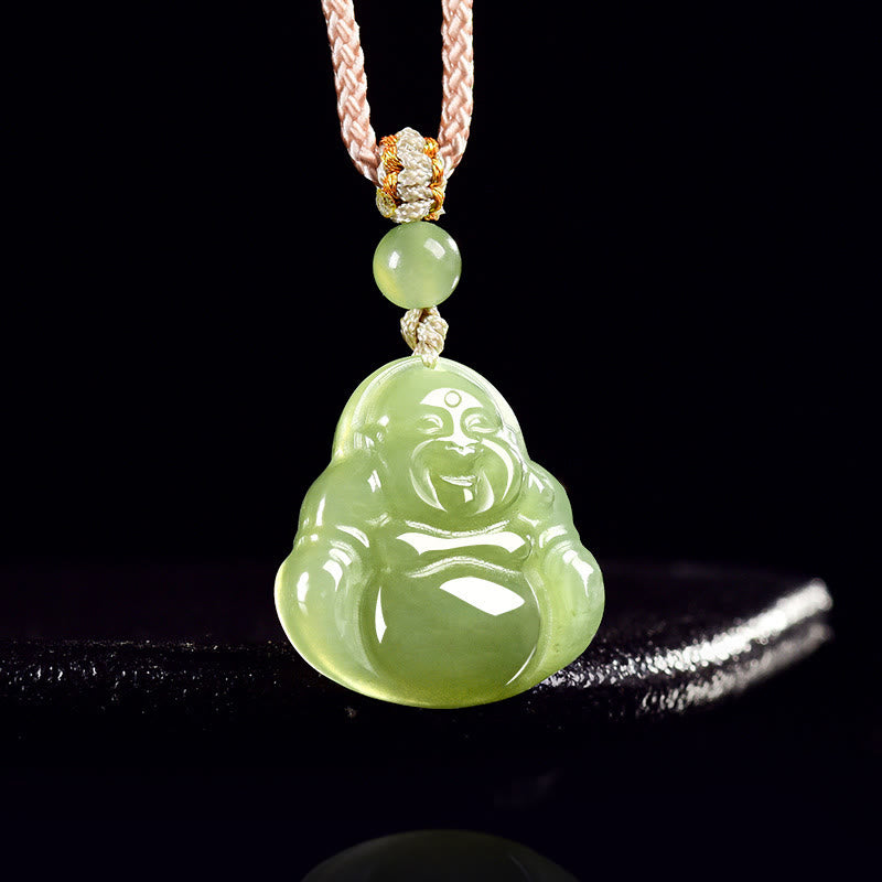 Buddha Stones Colgante de cuerda de la prosperidad con Buda sonriente de jade verde - image 2